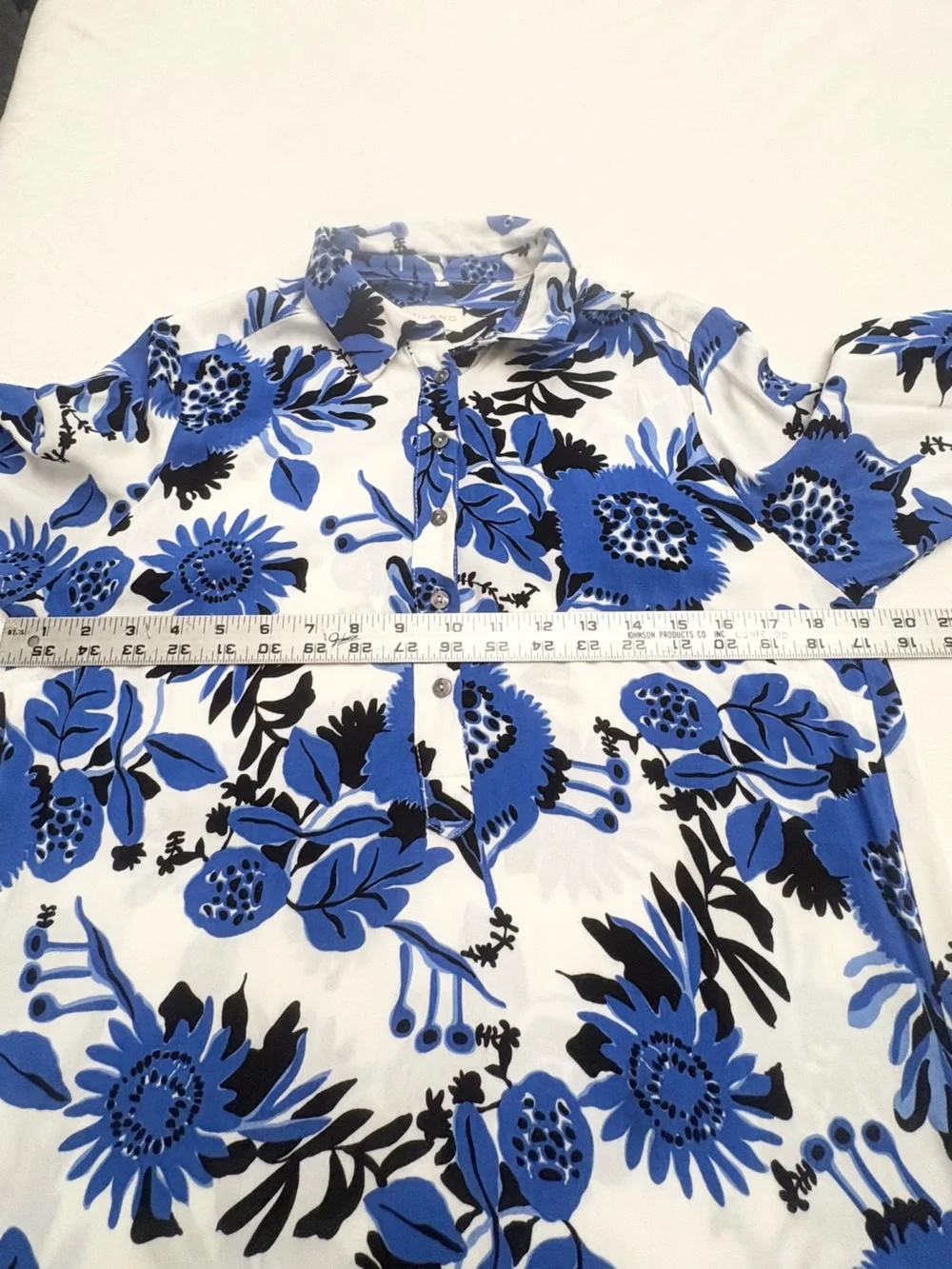 Milano Italy White Dress with Blue and Black Floral Print Long Sleeves Size 36